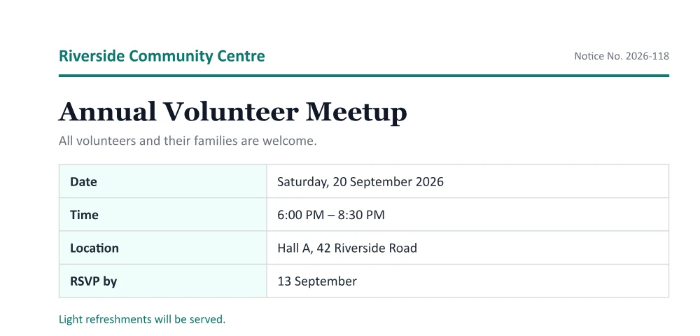 Edited PDF: Date, hall and RSVP were rewritten with the PDF’s own font; the table, colours and branding are untouched.